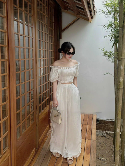 Two Piece Cropped Puff Sleeve Top with Trouser
